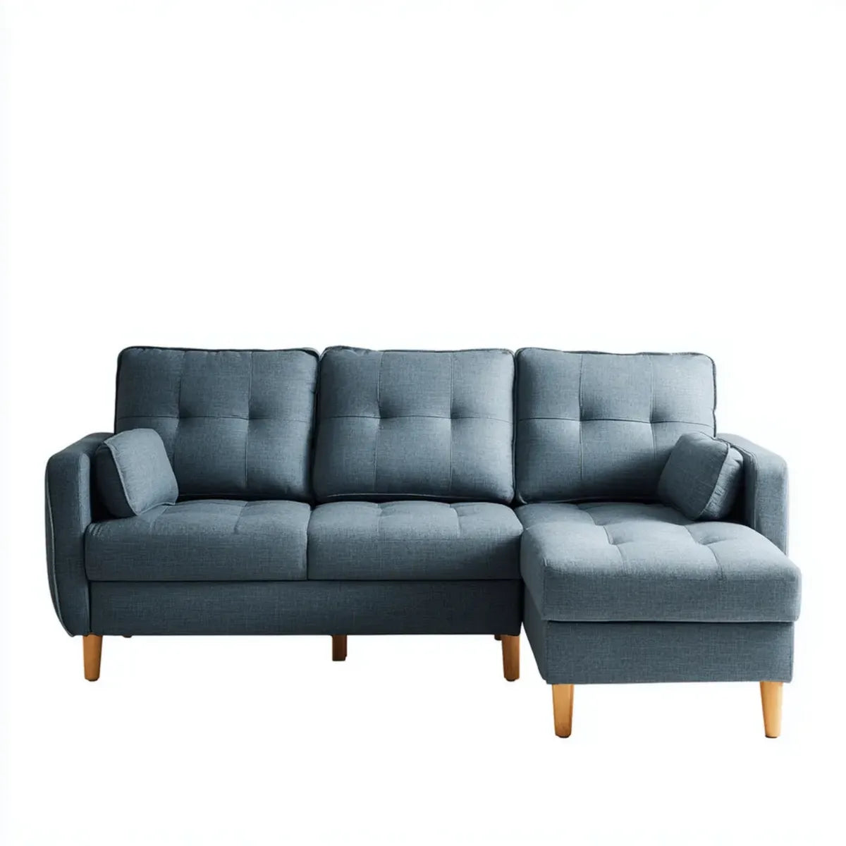 Sofa, narożna sofa 3-fotelik niebieski szary z recyrem po prawej stronie poliestru kształt litery 220 x 145 x 85 cm