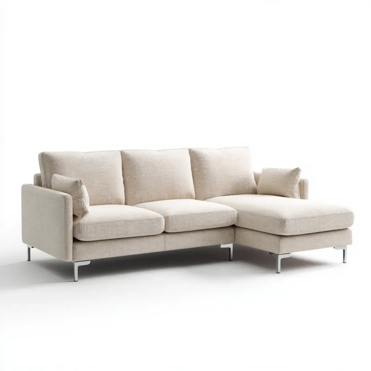 Sofa, Kanapa narożna z tapicerką poliestrową szezlongiem beige 250 x 160 x 85 cm