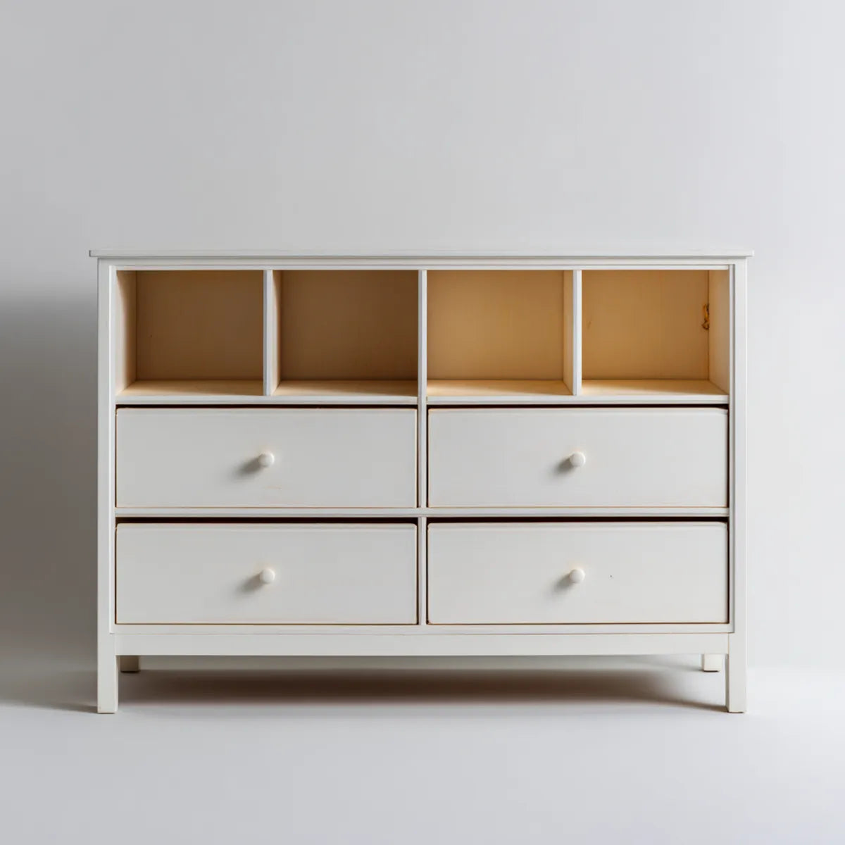 Komoda, Kommode z 4 szufladami i 4 otwartymi przegródkami Biała naturalna drewna sosnowego prostokątne 120 x 40 x 100 cm