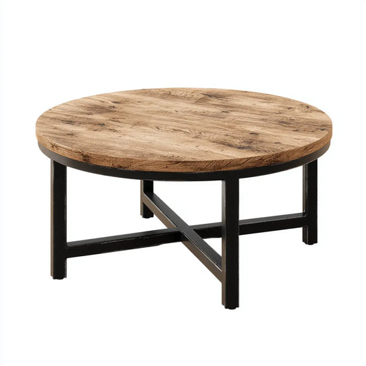 Stolik kawowy, Stół do kawy okrągłoziarnisty i czarny Ø80 x 45 cm w litym drewnie i stali powlekanej proszkowo