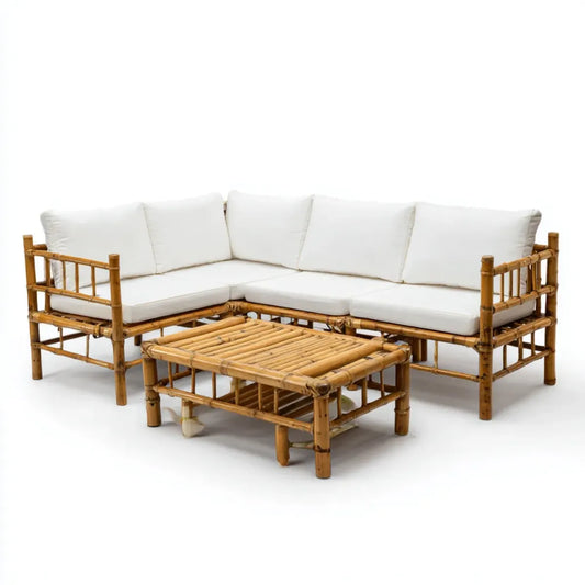 Sofa ogrodowa, Zestaw do tapsu wykonany z naturalnego, białego, bambusowego kształtu L z 4 miejscami do siedzenia i stolikiem do kawy 210 x 210 cm
