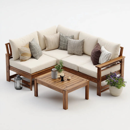 Sofa ogrodowa, Taras Lounge- Zestaw narożna sofa z kremem do kawy Brązowy acacia drewna kształt litery 210 x 210 cm