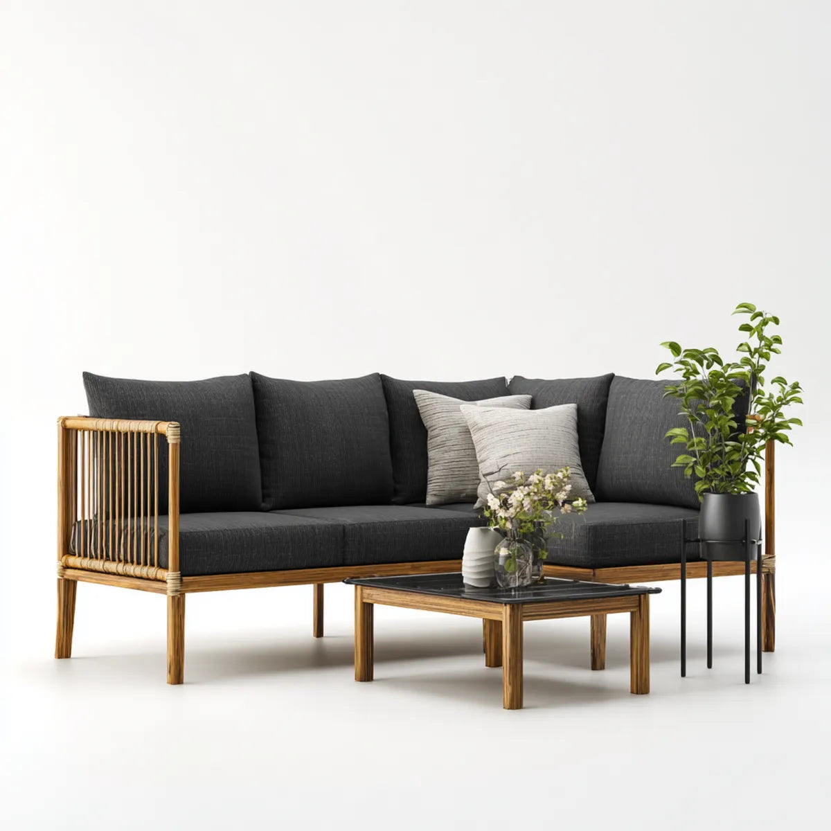 Sofa ogrodowa, Zestaw do salonu tarasowego 2- część czarna naturalna z bambusa i poliestru prostokątna z sofą 3-osobową 210 x 78 x 76 cm i stolik do kawy 100 x 60 x 42 cm