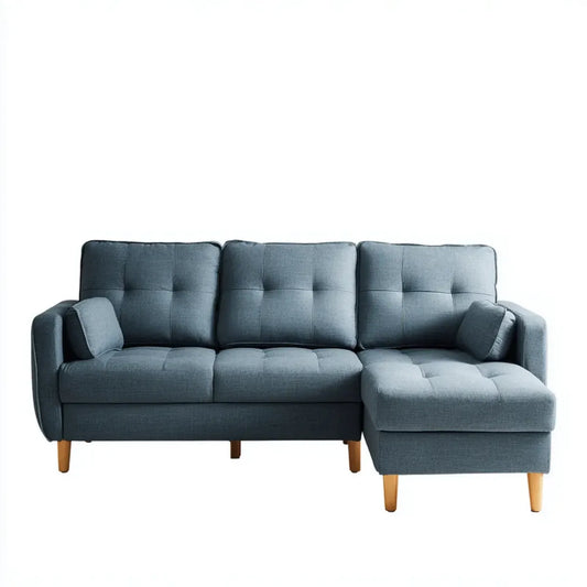 Sofa, narożna sofa 3-fotelik niebieski szary z recyrem po prawej stronie poliestru kształt litery 220 x 145 x 85 cm