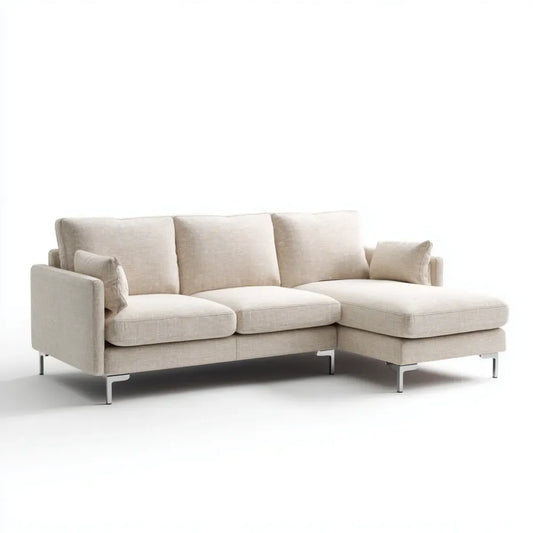 Sofa, Kanapa narożna z tapicerką poliestrową szezlongiem beige 250 x 160 x 85 cm
