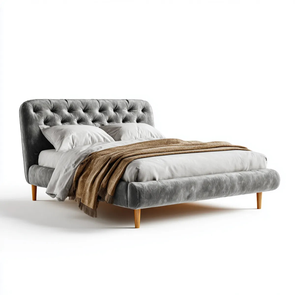 Łóżko dwuosobowe, Szary tapicerowany podwójne łóżko 160 x 200 cm w poliestrowym aksamicie z kapitonné headboard