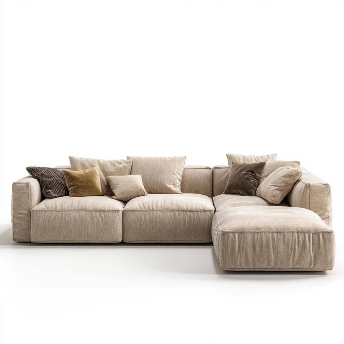 Sofa, Kanapa narożna z rekamierem w prawym beżu 300 x 180 cm poliestrowego szenilu w kształcie L