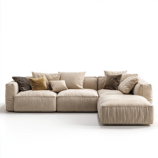 Sofa, Kanapa narożna z rekamierem w prawym beżu 300 x 180 cm poliestrowego szenilu w kształcie L