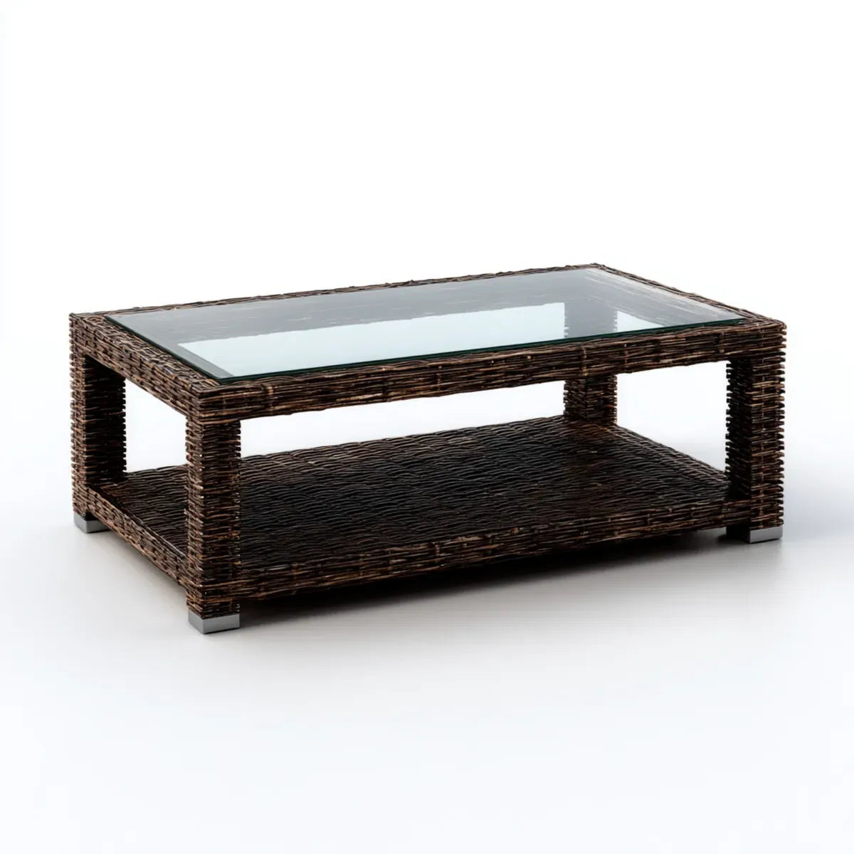 Stolik kawowy, Naturalny rattan brązowy stolik i prostokątne szkło 100 x 60 x 45 cm