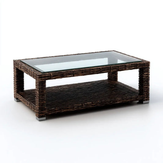 Stolik kawowy, Naturalny rattan brązowy stolik i prostokątne szkło 100 x 60 x 45 cm
