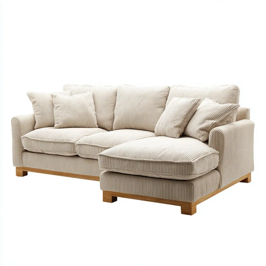 Sofa, Kanapa narożna z kremem szezlongiem 250 x 160 x 85 cm z poliestrowego sznura z litą ramą z drewna