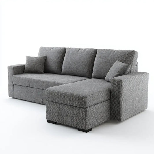 Sofa, Szara sofa narożna z tapicerką poliestrową o kształcie 220 x 145 x 85 cm