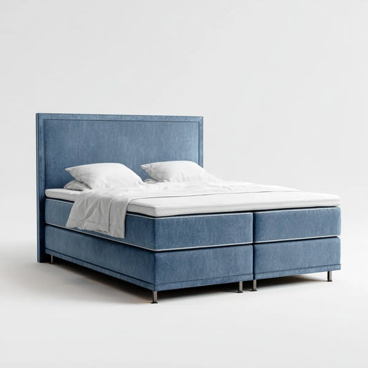 Łóżko dwuosobowe, Podwójne łóżko boxspring niebieski 180 x 200 cm w prostokątnym poliestrowym aksamicie