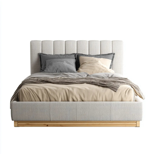 Łóżko podwójne tapicerowane w beżowym 160 x 200 cm w poliestrze z prostokątną deską i litą sosną